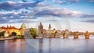 Prague Scenic spring sunset aerial view of the Old Town pier architecture and Charles Bridge over Vltava river in Prague, Czech