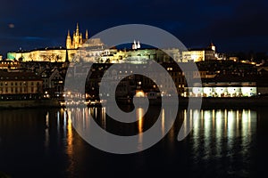 Prague skyline panorama. Czech Republic castle night cityscape. Europe traditional old city for tourism