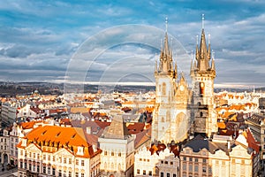 Prague skyline panorama. Czech Republic castle night cityscape. Europe traditional old city for tourism