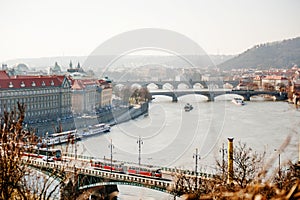 Prague skyline scenic view of the bridges over Vltava river in a foggy day, Czech Republic