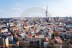 Prague skyline with Zizkov television tower transmitter and Church of Saint Procopius, Czech Republic