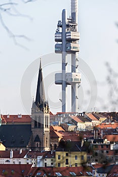 Prague skyline with Zizkov television tower transmitter and Church of Saint Procopius, Czech Republic