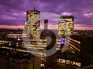 Prague skyscrapers in blue hour with purple sky. Modern office architecture.