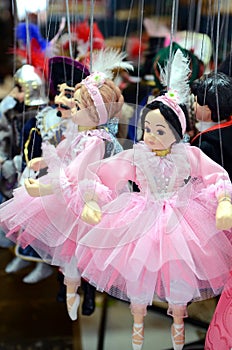 Prague souvenirs, traditional puppets made from wood in the gift shop. Prague is the capital and largest city of the Czech Republi