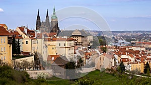 Prague. View of the St. Vitus Church, Prague Castle and on the river Vltava.