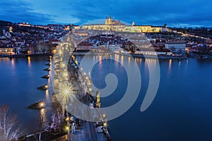 Prague , wiew Lesser Bridge Tower Charles Bridge Karluv Most and Prague Castle.