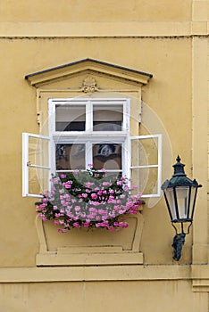 Prague. Window in the old house, decorated with flowering plants