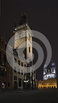 Prague winter night view at Orloj and Old Place Stare mesto sq