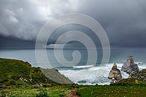 Praia da Ursa beach top view near Cabo da Roca cape in Portugal,