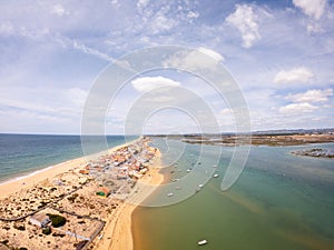 Praia De Faro, Algarve, Portugal. Aerial view on coast of ocean and beach. Boats on water, drone view