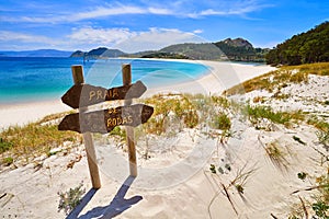 Praia de Rodas beach sign in islas Cies island Vigo photo