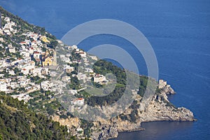 Praiano houses, coastline, church, promontory  and sea