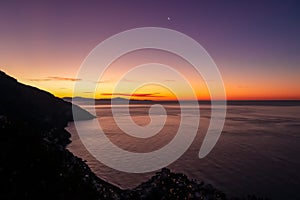 Praiano - Panoramic sunrise view from the Path of the Gods between Positano and Praiano on the Amalfi Coast, Campania, Italy