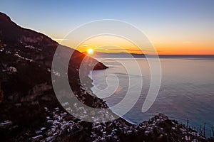 Praiano - Panoramic sunrise view from the Path of the Gods between Positano and Praiano on the Amalfi Coast, Campania, Italy