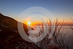 Praiano - Panoramic sunrise view from the Path of the Gods between Positano and Praiano on the Amalfi Coast, Campania, Italy