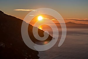 Praiano - Panoramic sunrise view from the Path of the Gods between Positano and Praiano on the Amalfi Coast, Campania, Italy