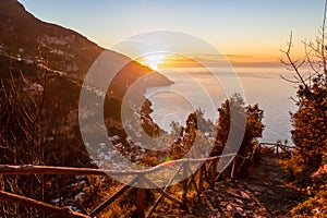 Praiano - Panoramic sunrise view from the Path of the Gods between Positano and Praiano on the Amalfi Coast, Campania, Italy