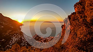 Praiano - Panoramic sunrise view from the Path of the Gods between Positano and Praiano on the Amalfi Coast, Campania, Italy