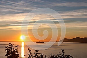 Praiano - Scenic sunset behind the Li Galli islands in the Mediterranean Sea. View from Positano,  Amalfi Coast, Italy, Europe.