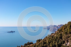 Praiano - Scenic view from hiking trail between Positano and Praiano at the Amalfi Coast, Campania, Italy, Europe