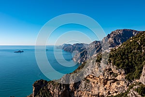 Praiano - Scenic view from hiking trail between Positano and Praiano at the Amalfi Coast, Campania, Italy, Europe