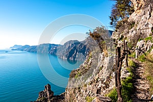 Praiano - Scenic view from hiking trail between Positano and Praiano at the Amalfi Coast, Campania, Italy, Europe