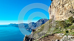 Praiano - Scenic view from hiking trail between Positano and Praiano at the Amalfi Coast, Campania, Italy, Europe