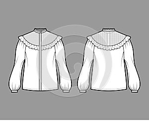 Prairie blouse technical fashion illustration with bouffant long sleeves, stand collar, ruffle yoke, cuff hide button up