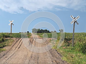 Prairie dirt road railroad crossing