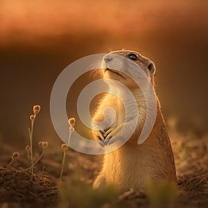 Prairie dog sitting up at sunset. Ai generated.