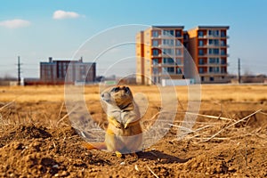 Prairie dog in wildlife. Cute prairie dog on summer field with flowers