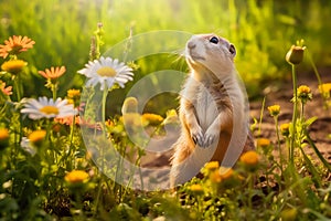 Prairie dog in wildlife. Cute prairie dog on summer field with flowers