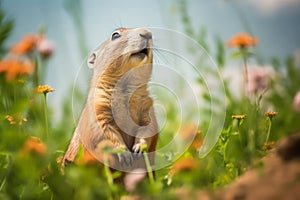 Prairie dog in wildlife. Cute prairie dog on summer field with flowers