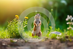 Prairie dog in wildlife. Cute prairie dog on summer field with flowers