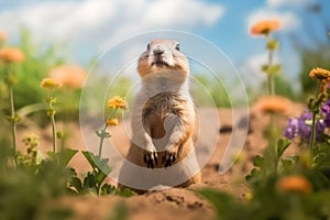 Prairie dog in wildlife. Cute prairie dog on summer field with flowers