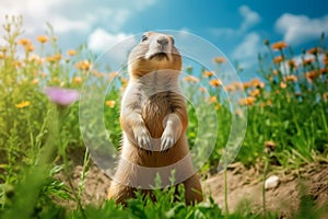 Prairie dog in wildlife. Cute prairie dog on summer field with flowers