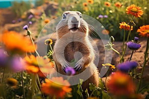 Prairie dog in wildlife. Cute prairie dog on summer field with flowers