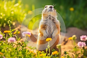 Prairie dog in wildlife. Cute prairie dog on summer field with flowers