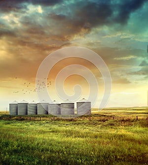 Prairie grain silos in late summer