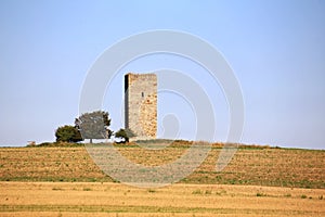 Prairie-like shot of medieval German watchtower (called Blaue Warte) near Wanzleben