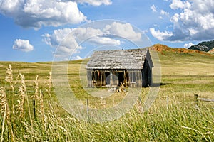 Prairie shack abandoned in a farm field in South Dakota