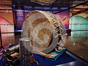 Prairie Style Leather Drum and Stomp Dance Cans on Display at the First Americans Museum in Oklahoma City