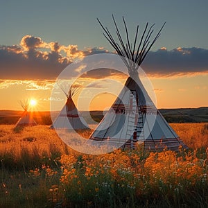 Prairie tranquility Indian teepee in field at sunset, First Nations