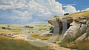 Prairiecore Painting: Captivating Cave In A Serene Field photo