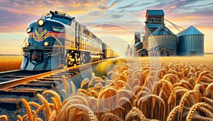 Prairies Wheat Fields Train Locomotive Engine Saskatchewan Alberta Sunrise AI Generated