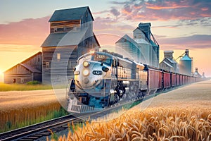 Prairies Wheat Fields Train Locomotive Engine Saskatchewan Alberta Sunrise AI Generated