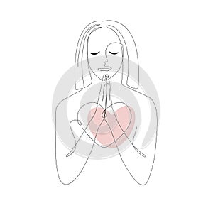 Praiyng woman. Continuous line drawing of prayer with broken heart, vector illustration.