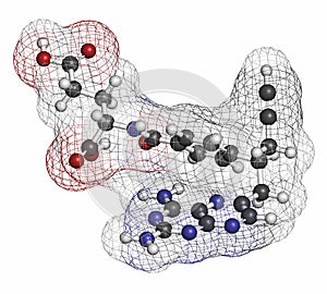 Pralatrexate cancer drug molecule (antifolate class). Atoms are represented as spheres with conventional color coding: hydrogen (