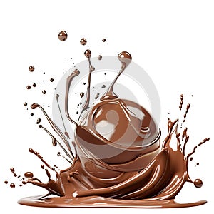 Praline covered in liquid chocolate with chocolate splash against white background, generative ai