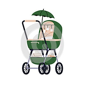 Pram, baby carriage. Newborn cradle, wheeled stroller. Infants pushchair with umbrella, sunshade, toys, storage basket